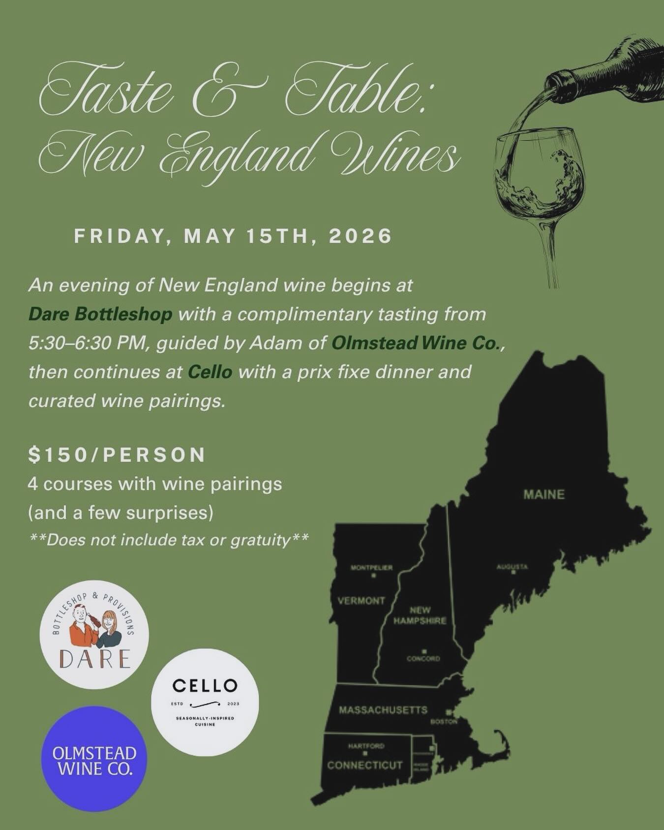 We ❤️ when Members create & collaborate together! Here is a fun and interactive event with @dare_bottleshop and @cellolenox for your enjoyment!

Taste & Table: New England Wines 🍷🌿

Join us Friday, May 15th for an evening celebrating New England wine in collaboration with Dare Bottleshop + Olmstead Wine Co.

“The evening begins at Dare Bottleshop with a complimentary tasting from 5:30–6:30 PM, guided by Adam of Olmstead Wine Co., then continues at Cello with a special 4-course prix fixe dinner with curated wine pairings (and a few surprises).

$150 per person
Does not include tax or gratuity

A few notes for the evening:
• We will also be open for our regular à la carte menu that night
• If you’d like to enjoy the prix fixe menu, please leave a note on your reservation
• Every guest in your party must participate in the prix fixe menu
• Didn’t leave a note? You’re still welcome to join in — the note simply helps us get a rough headcount

A fun, flavorful night highlighting some incredible wines from our region. Reservations recommended.”