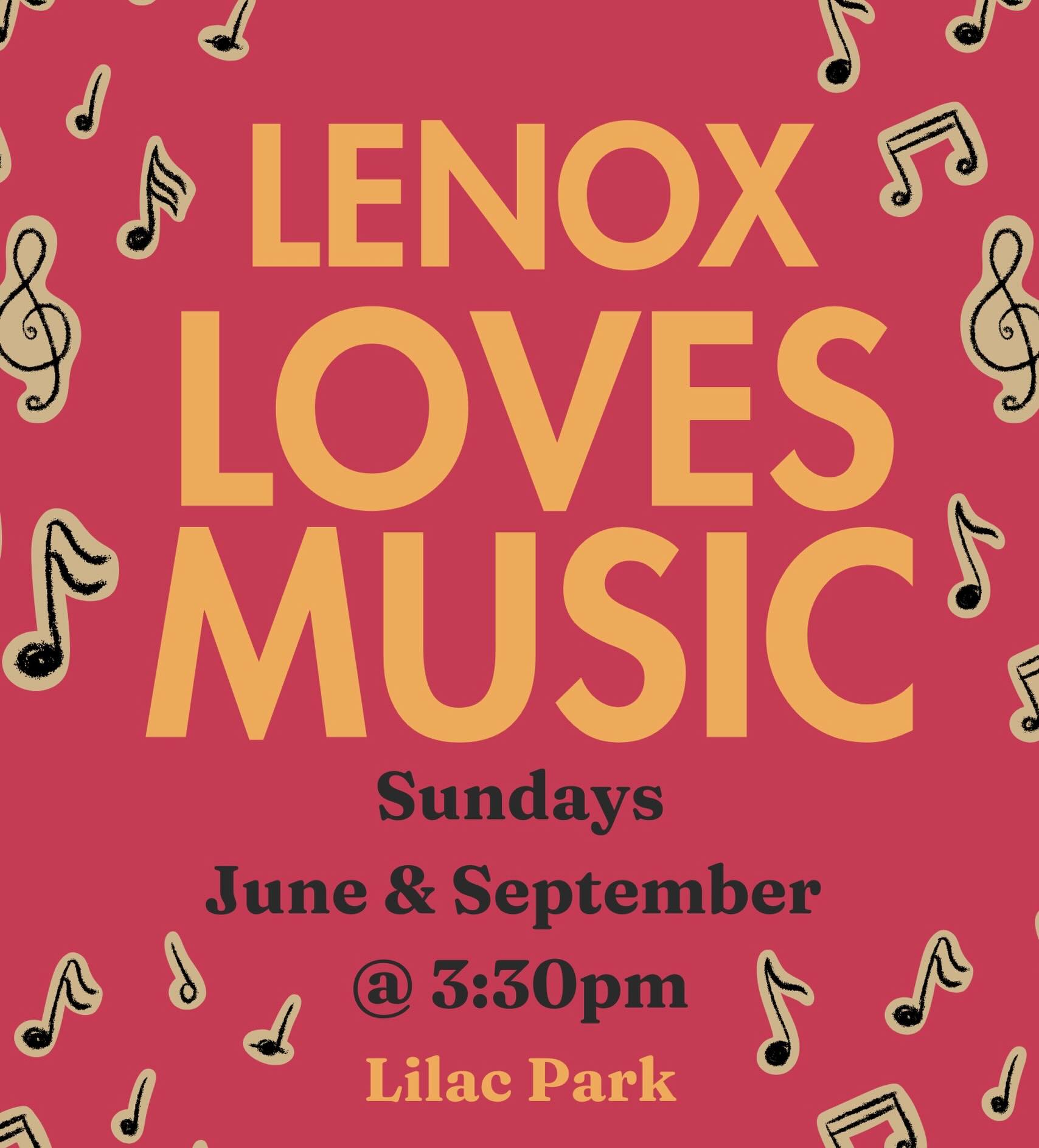 Lenox Loves Music is Back!!!! 
Sundays in Lilac Park @ 3:30pm 
 
Here is the Line up for June

7-Jun - Matthew Thornton
14-Jun - Boots & The Mixtape
21-Jun - Karen Tchougourian
28-Jun - Sherri James Buxton & Friends!

See you in the Park!! 

#lenoxlove #lovelenox #lilacpark #lenoxlovesmusic #picnicparadise