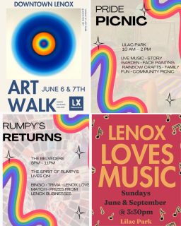 Art Week + Lenox Pride + Lenox Loves Music

Loves Lives In Lenox

Saturday June 6
Art Walk 10-5
Pride Picnic 10-2 Lilac Park
Rumpy’s Return 5-11pm

Sunday June 7
Art Walk 11-4
Lenox Loves Music 3:30 Lilac Park

Over 50 juried artists and downtown galleries, live music, family activities, storytelling, crafts, face painting, bingo, trivia, picnics and more in the Historic Lenox Village 

#lenoxlove #lovelivesinlenox #artwalk