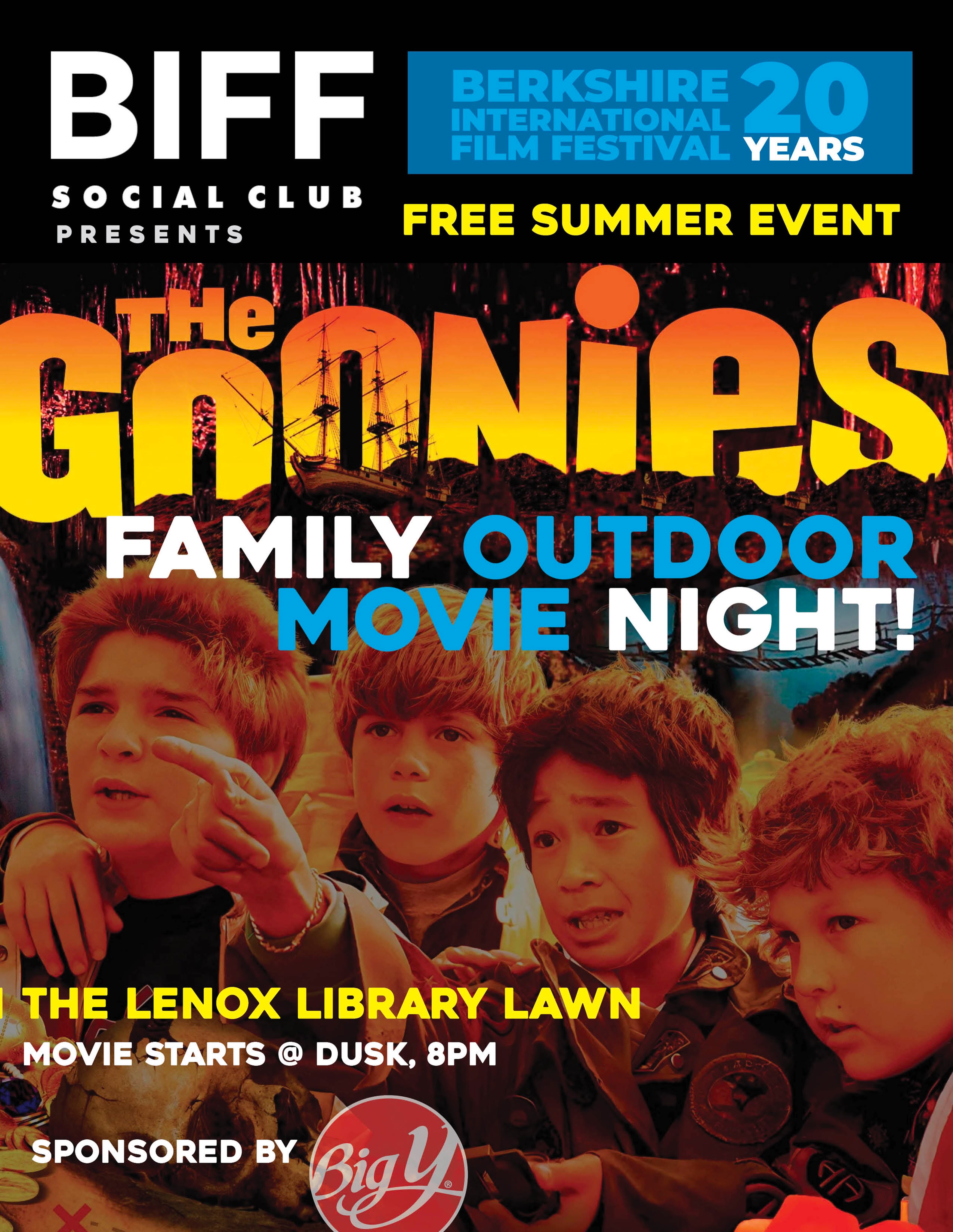 The BIFF Social Club presents a FREE family outdoor movie night at the Lenox Library brought to you by BIG Y, your family market.
When: Monday, August 3rd
Where: Lenox Library’s Roche Reading Park
Time: Movie starts at Dusk, at 8PM
Rain Date: Monday, August 10th
Join us at 7pm to picnic, BIG Y popcorn, face painting and fun!