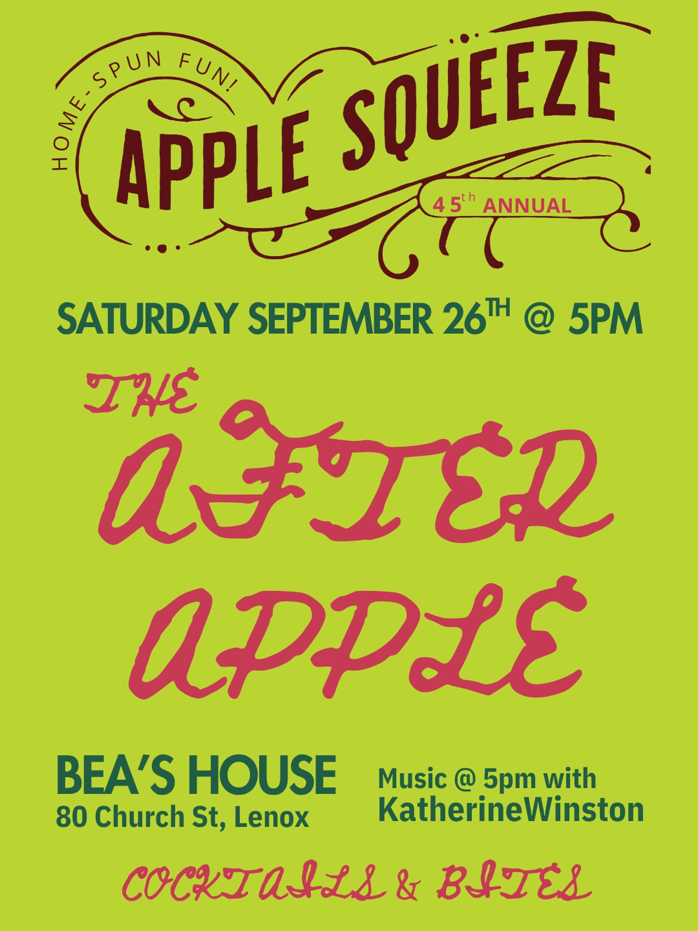 Inviting you to the ‘After Apple’ at Bea’s House this Saturday starting at 5pm.
Katherine Winston plays from 5-7, delicious themed cocktails and bites while enjoying the entrance of Fall, sitting in the gardens and celebrating a good day in community ❤️
#lovelenox #applesqueeze #theafterapple #45th #churchstreet